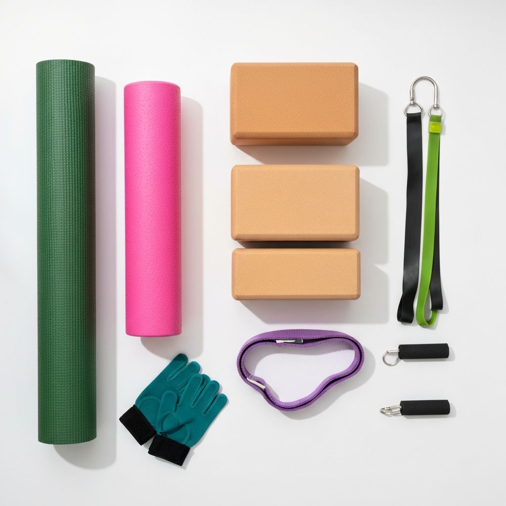 Collection of stretching accessories including mat, foam roller, and bands